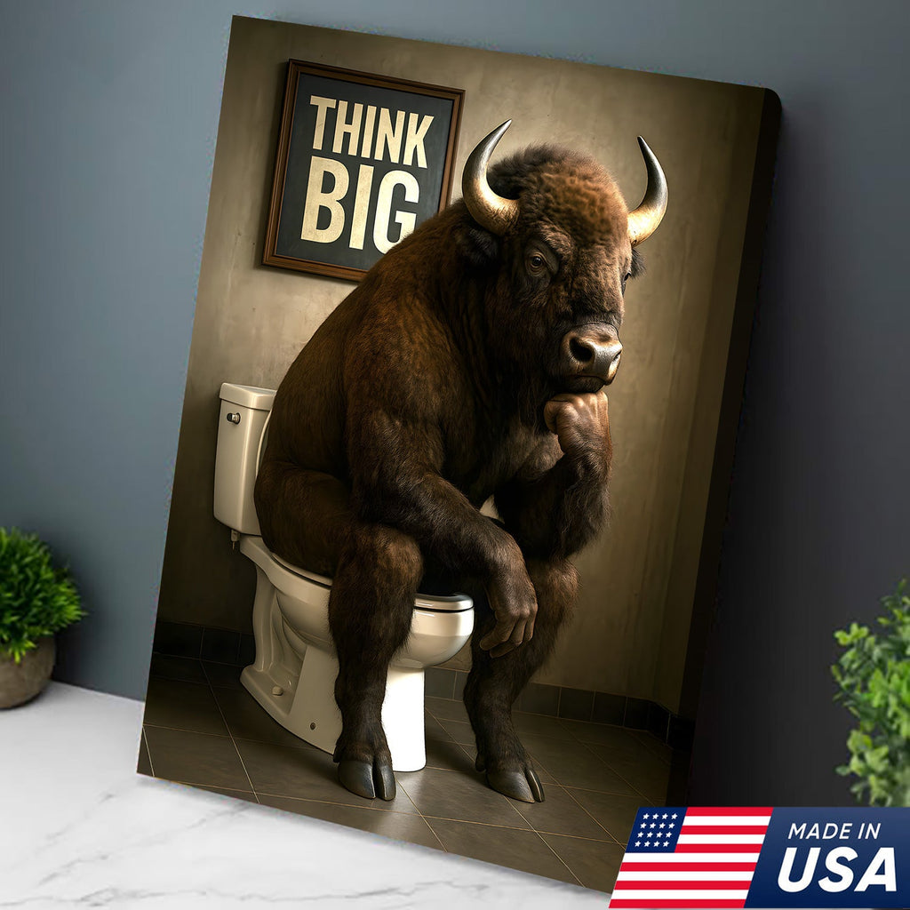 Funny Buffalo Bathroom Wall Art – Think Big Bison Canvas, Rustic Farmhouse Animal Decor