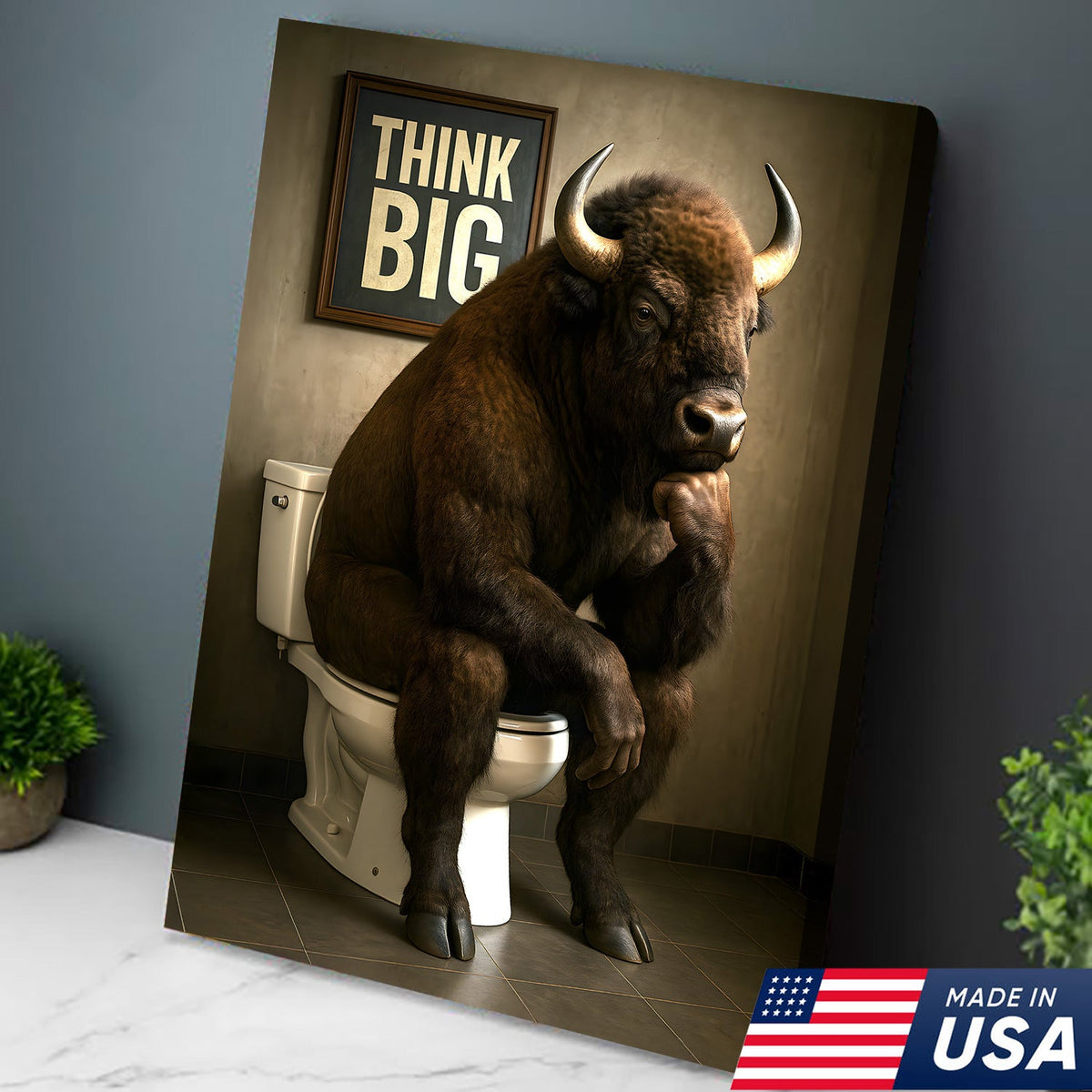 Funny Buffalo Bathroom Wall Art – Think Big Bison Canvas, Rustic Farmhouse Animal Decor