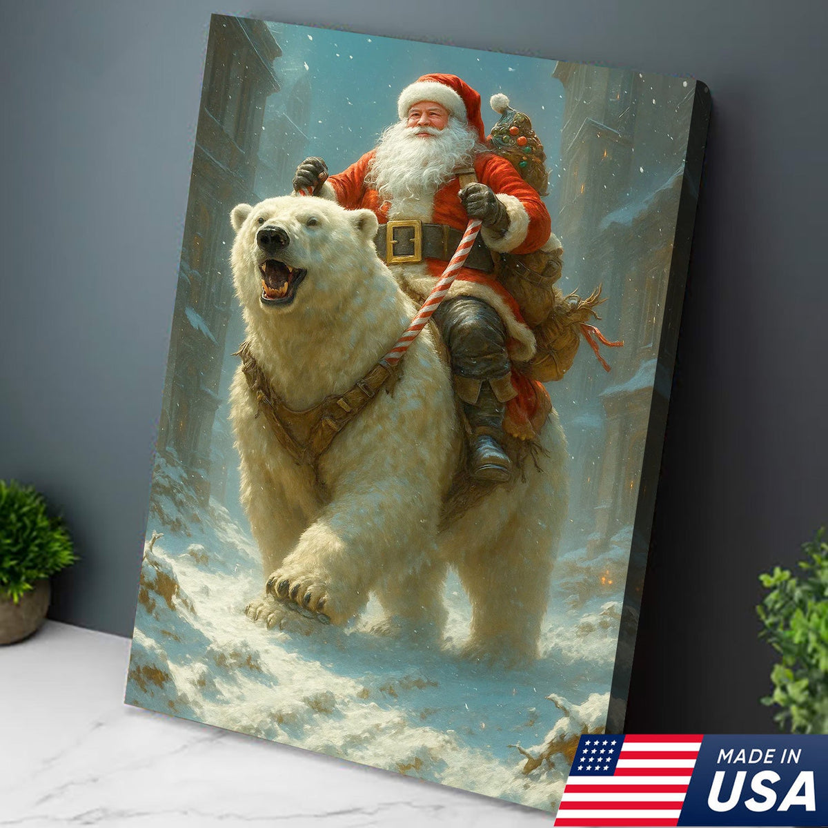 Santa Riding Polar Bear Canvas Wall Art, Epic Christmas Adventure Santa Print