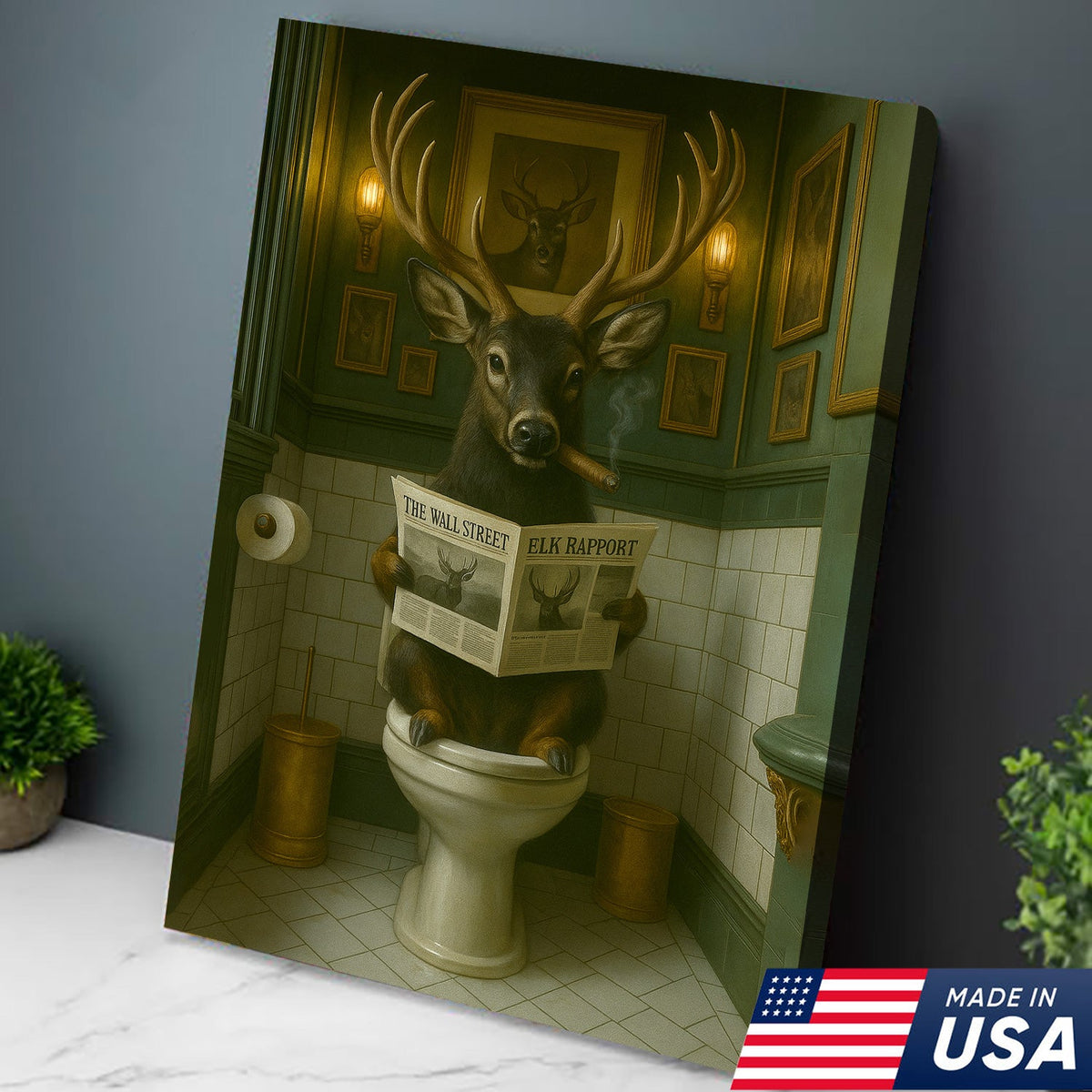 Black-Tailed Deer On Toilet Canvas Wall Art – Unique Funny Bathroom Decor Gift