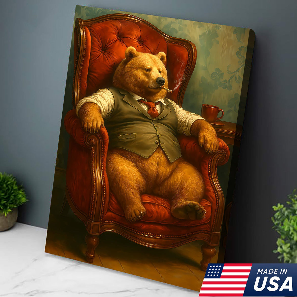 Gentleman Bear Sitting in Chair Canvas Art – Funny Gift for Men Who Love Class & Chill Vibes