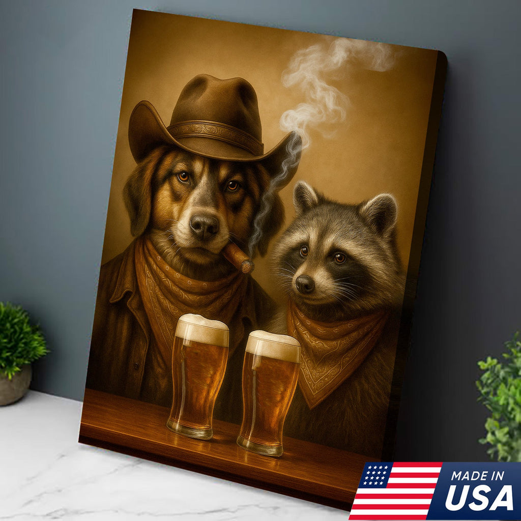 Funny Dog & Raccoon Cowboy Canvas Wall Art – Funny Western Beer Decor for Hunters