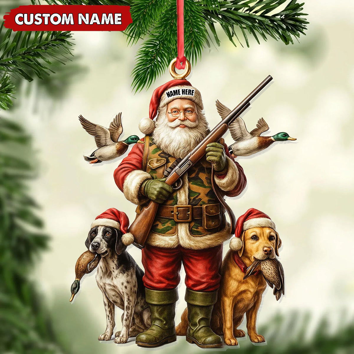 Personalized Santa Duck Hunter Ornament, Custom Name Christmas Gift for Hunting Lovers