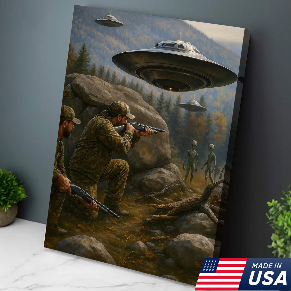 Alien Encounter Hunting Canvas Wall Art, Funny Hunters vs UFO Scene