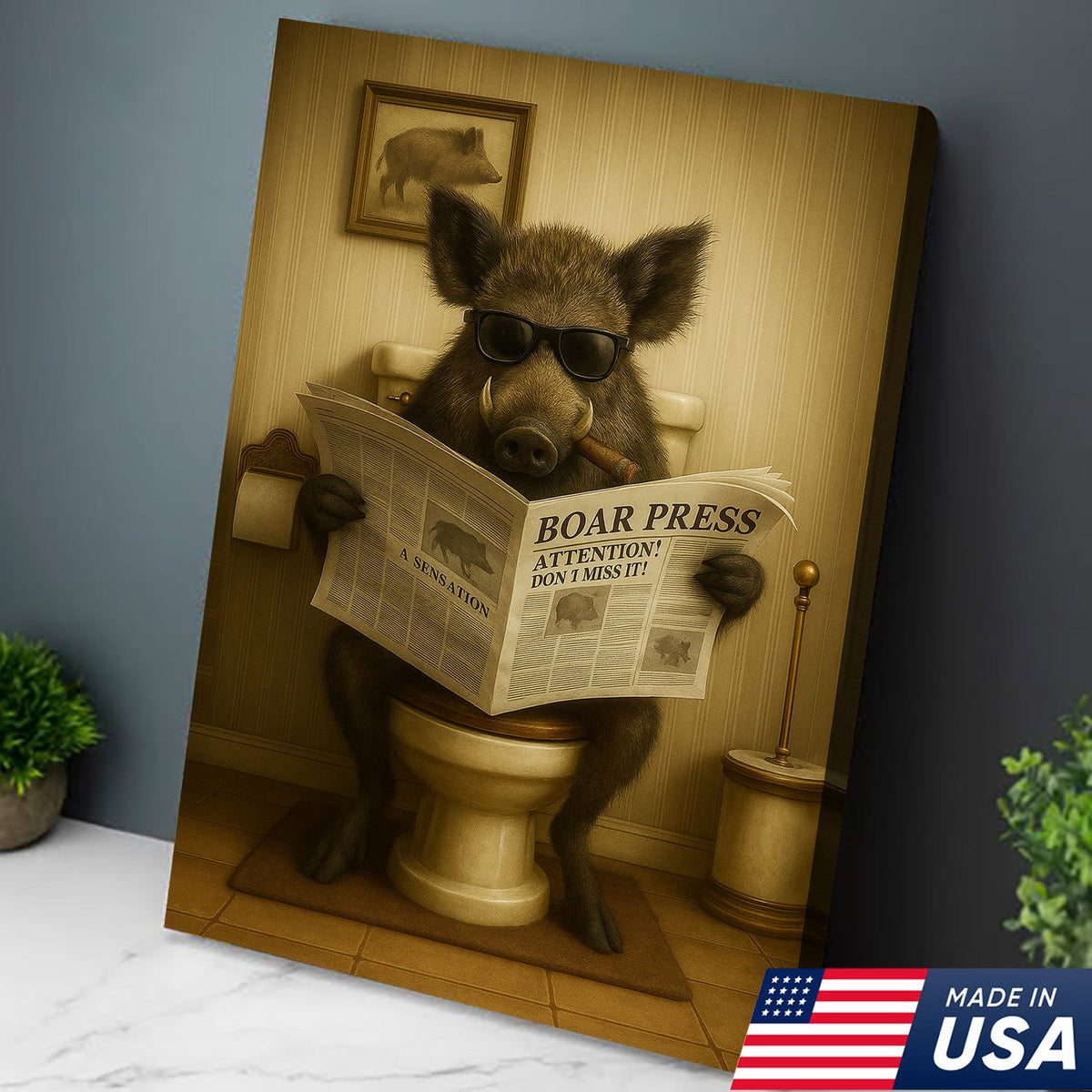 Funny Wild Boar Reading Newspaper Canvas – Funny Bathroom Wall Art