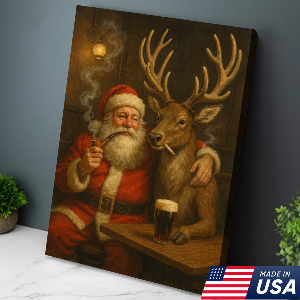 Funny Santa and Reindeer Wall Art Canvas – Rustic Christmas Lodge Decor