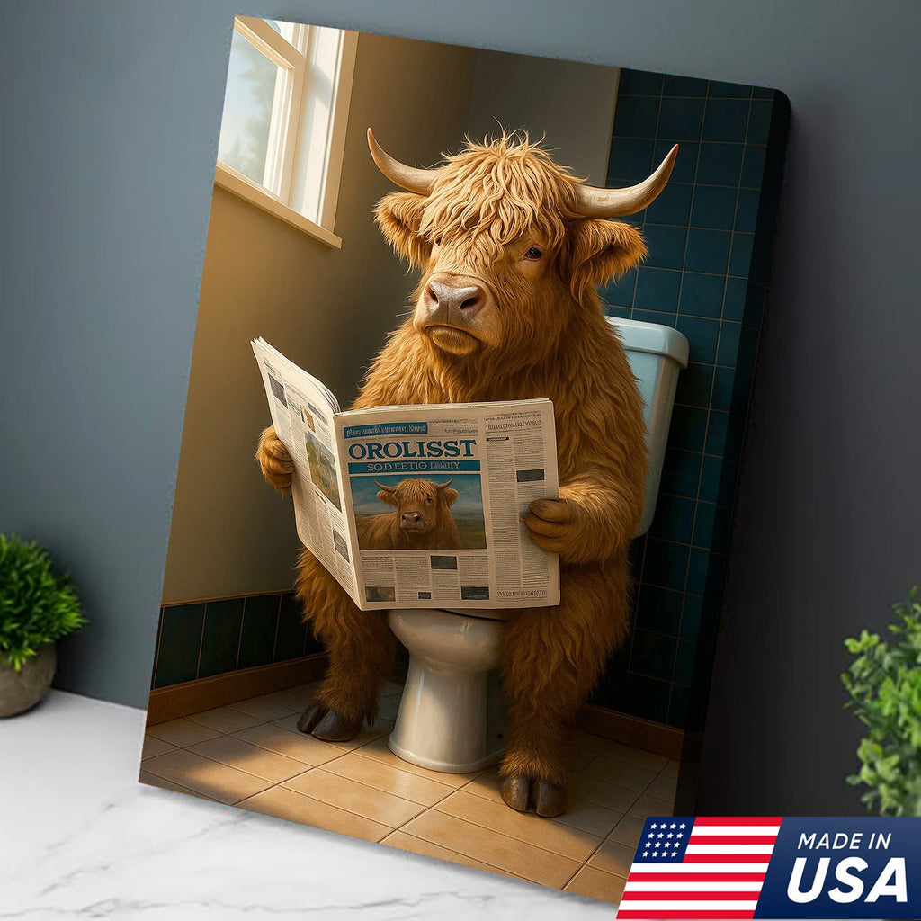 Highland Cow Bathroom Canvas Wall Art, Funny Farmhouse Restroom Decor
