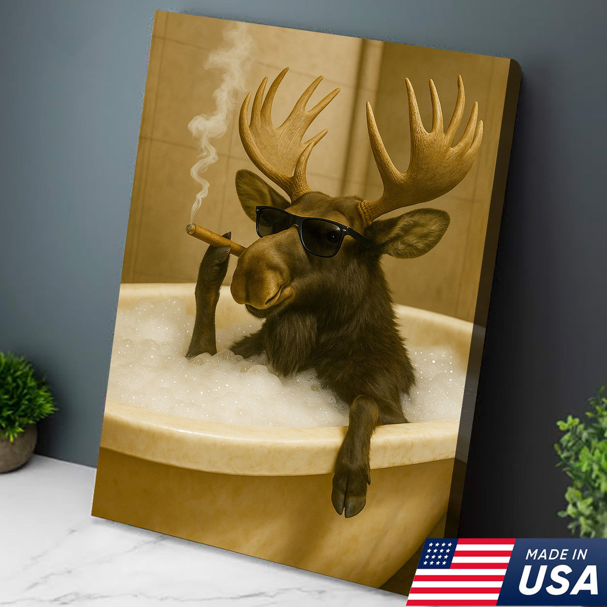 Rustic Bathroom Humor Moose Canvas – Smoking Bubble Bath Wall Art for Hunting Cabin