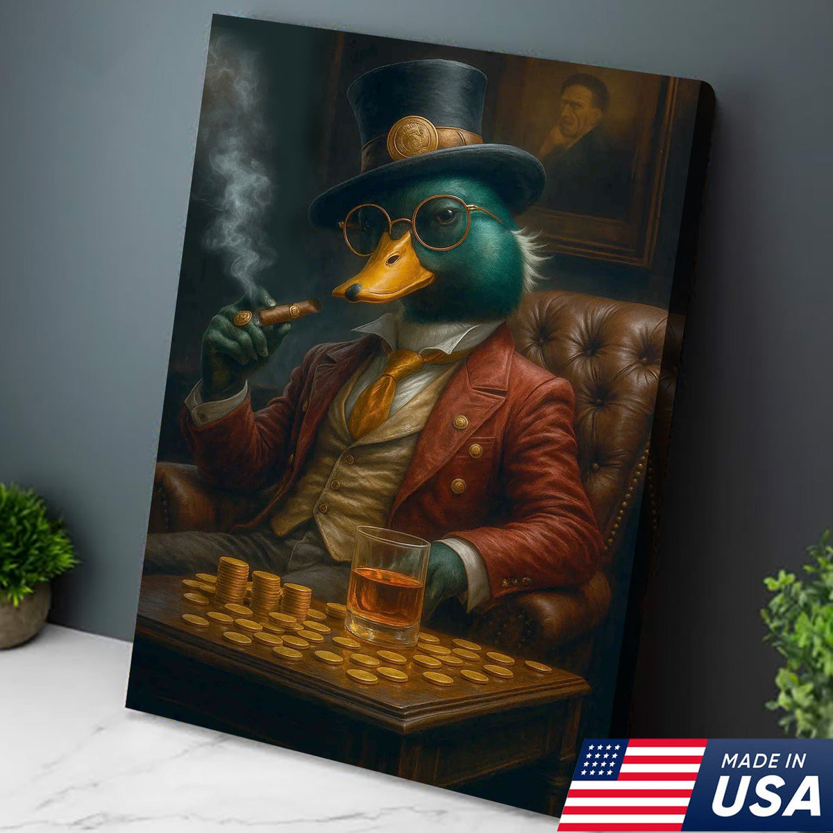Rich Duck Boss Canvas Wall Art, Fancy Dapper Duck in Suit with Gold Coins