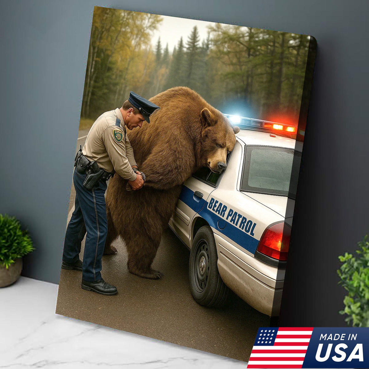 Funny Bear Patrol Canvas Wall Art, Humorous Wildlife Police Artwork, Rustic Cabin Decor