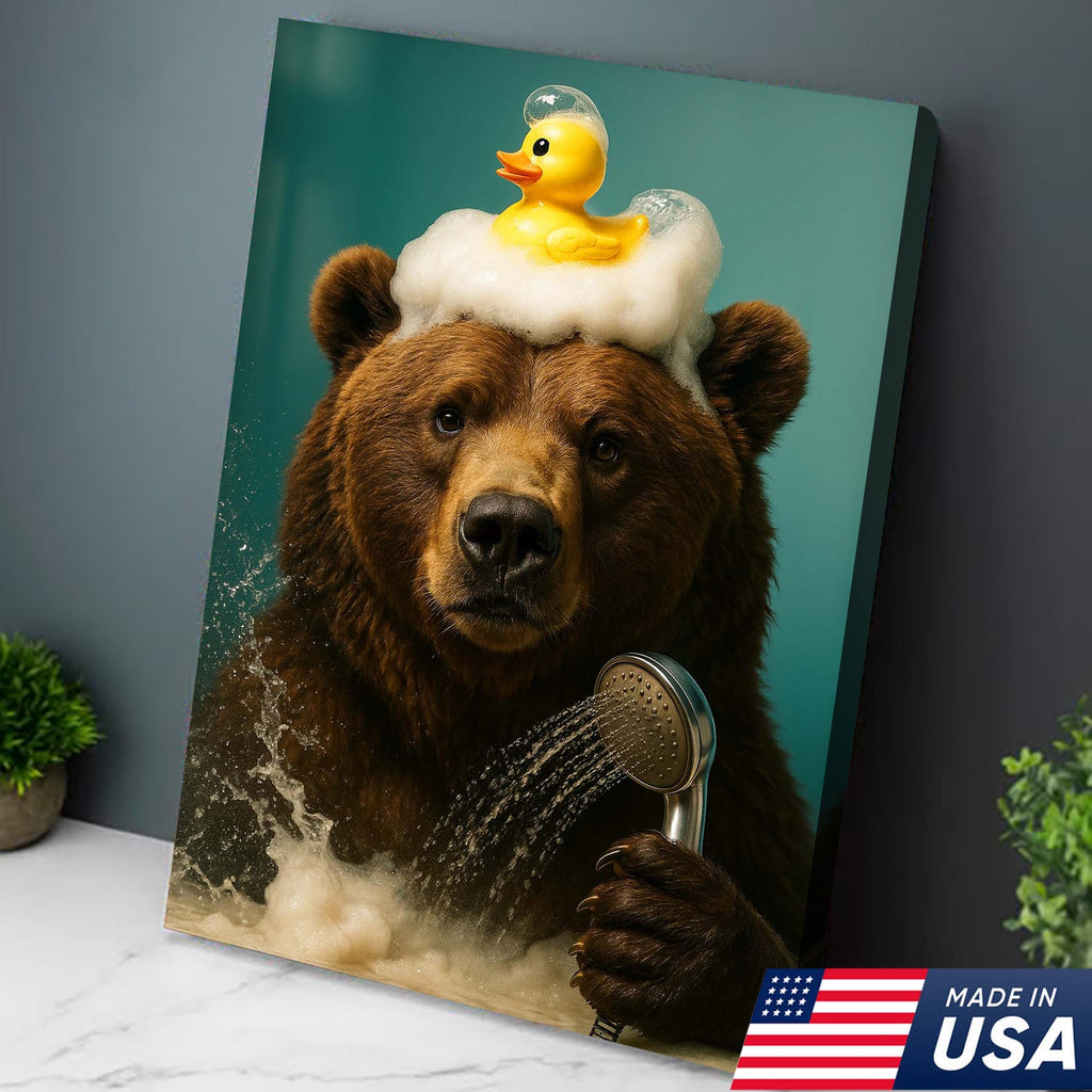 Funny Bear Bathroom Wall Art Canvas – Cute Bear Bubble Bath with Rubber Duck