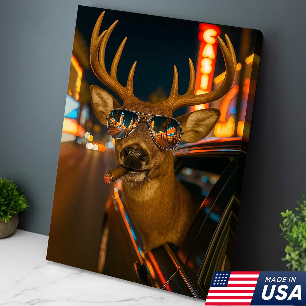 Cool Deer Canvas Wall Art - Funny Rustic Lodge Decor with Sunglasses and Night City Vibes