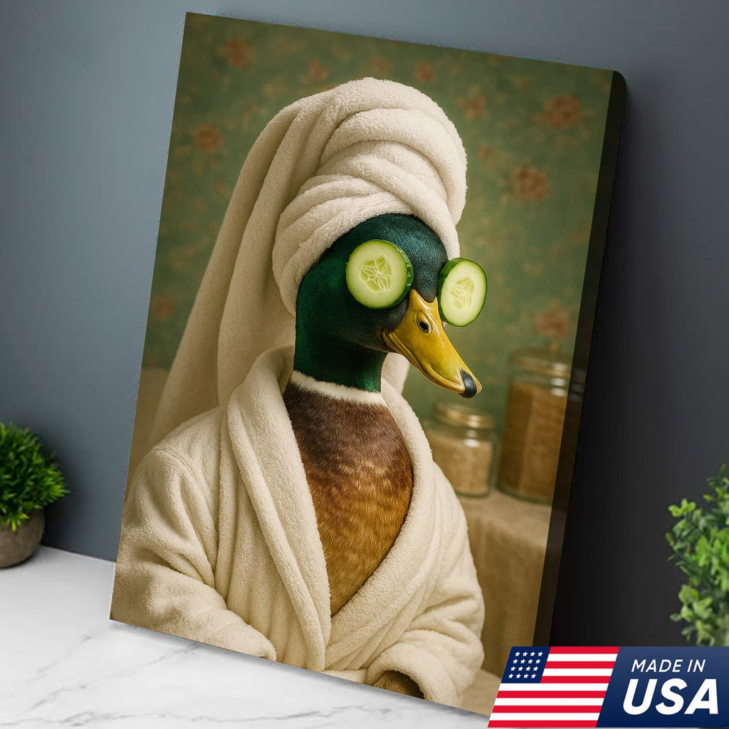 Spa Day Duck Canvas Wall Art, Funny Bathroom Spa Decor, Mallard in Robe with Cucumber Eyes