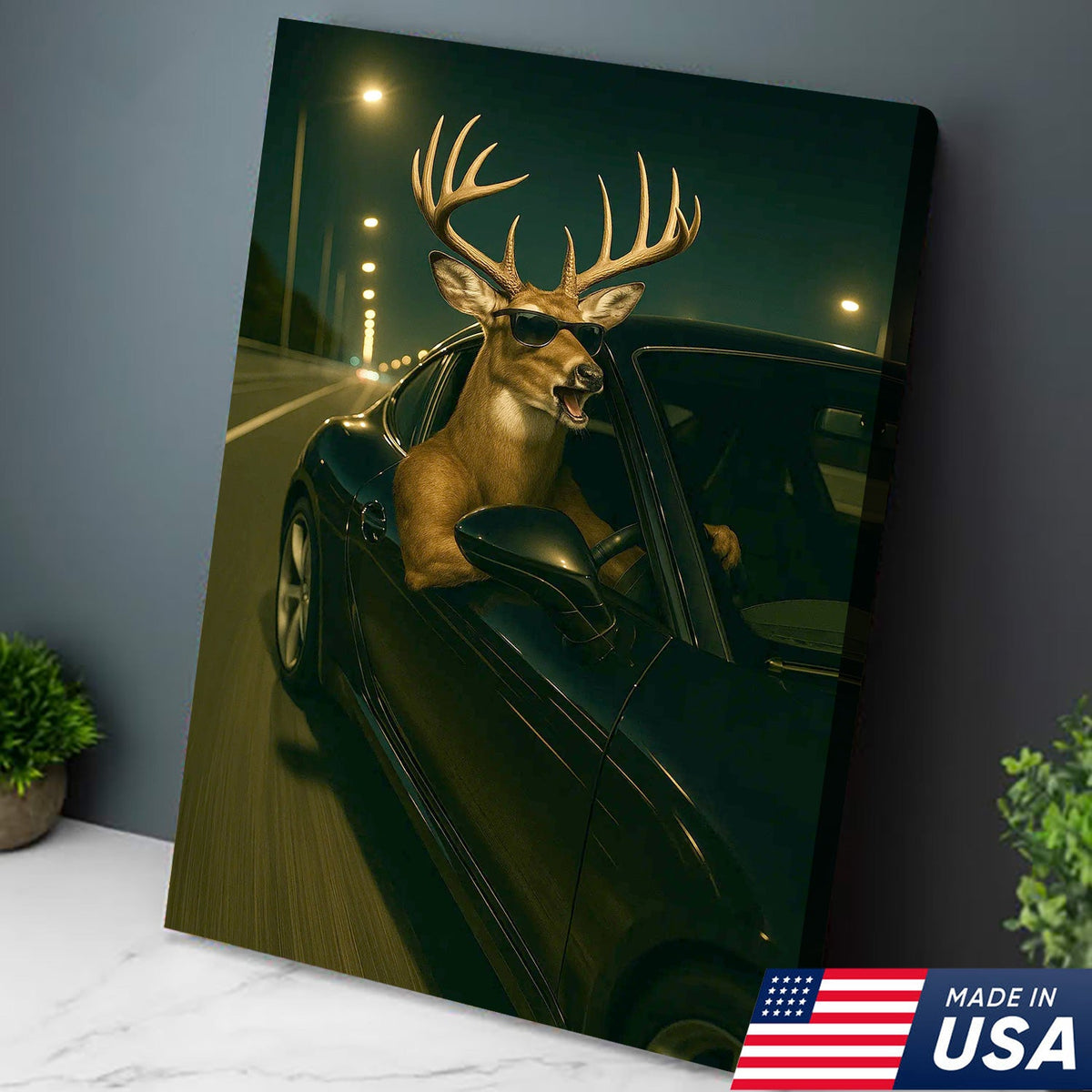 Funny Deer Driving Canvas, Cool Buck in Car Wall Art, Humorous Hunter Gift
