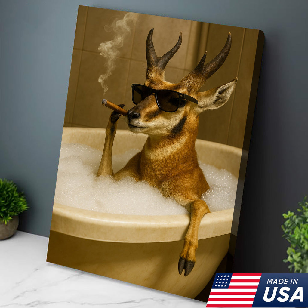 Funny Pronghorn Antelope Smoking Canvas Wall Art – Cool Bathtub & Cigar Gift for Hunters