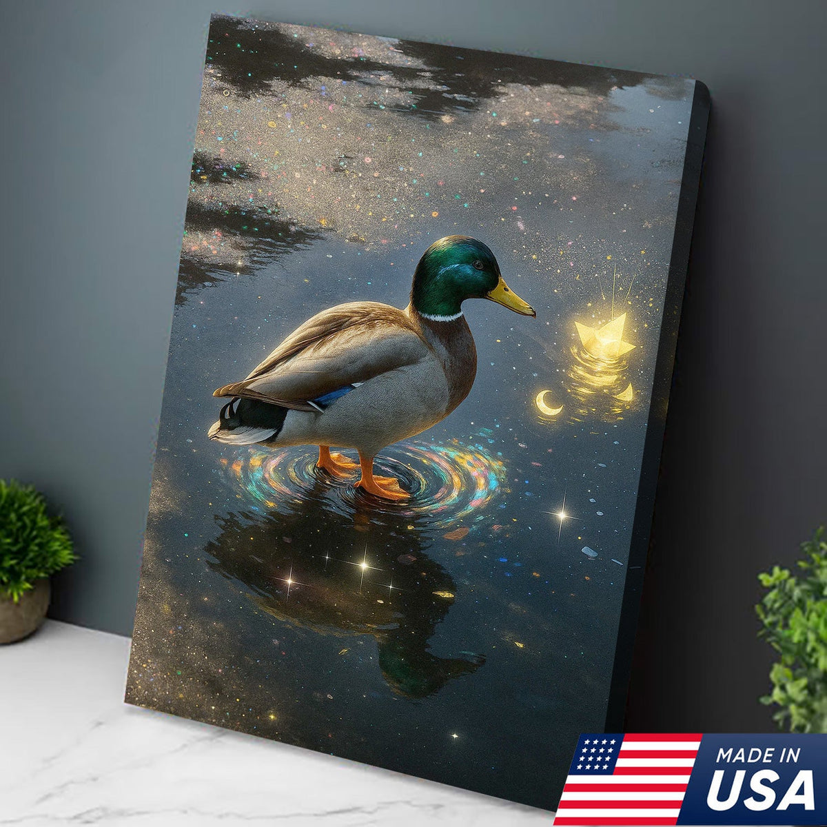 Magical Duck Canvas Art – Enchanted Night Water Scene with Glowing Stars