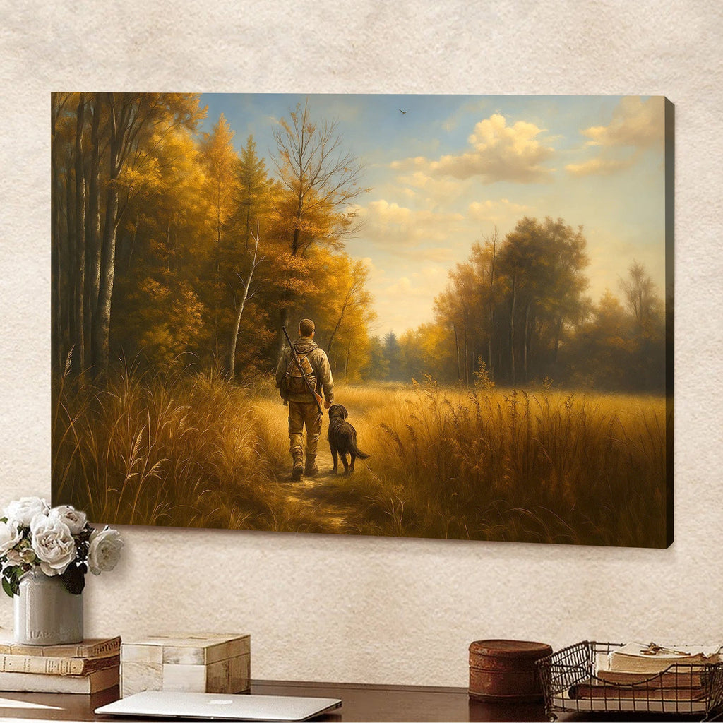 Hunting Canvas Wall Art – Hunter Walking with Dog in Autumn Forest – Rustic Wildlife Wall Decor