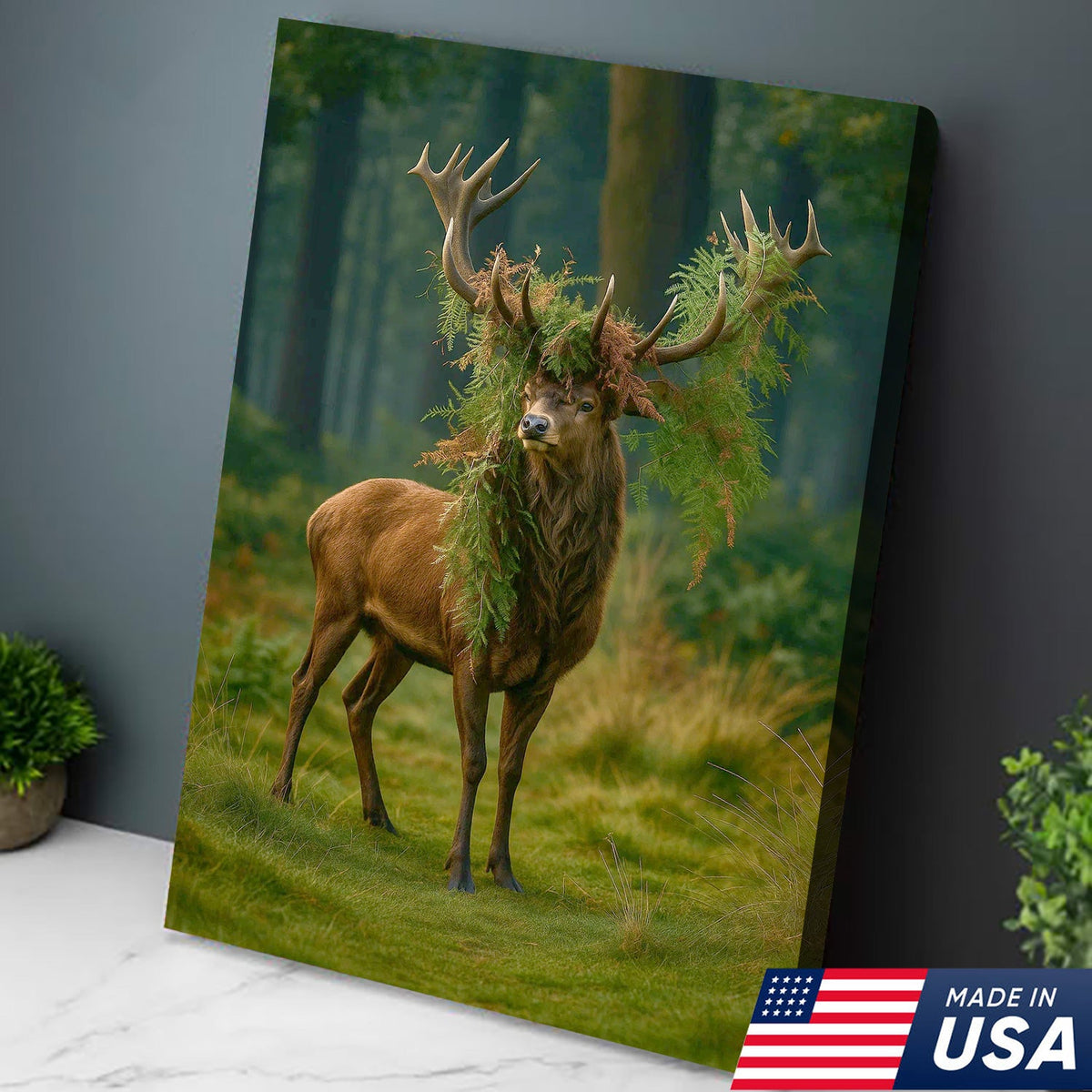 Forest Stag with Fern Crown Canvas Wall Art, Woodland Deer Print, Rustic Cabin Nature Decor