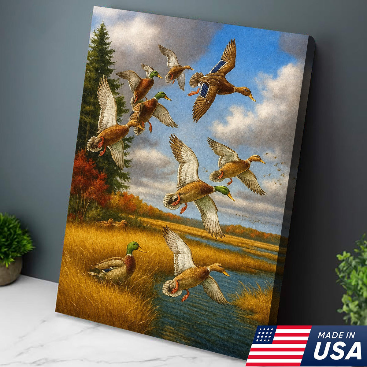 Mallard Ducks Flying Wall Art Canvas – Vintage Waterfowl Hunting Scene Canvas for Outdoorsmen