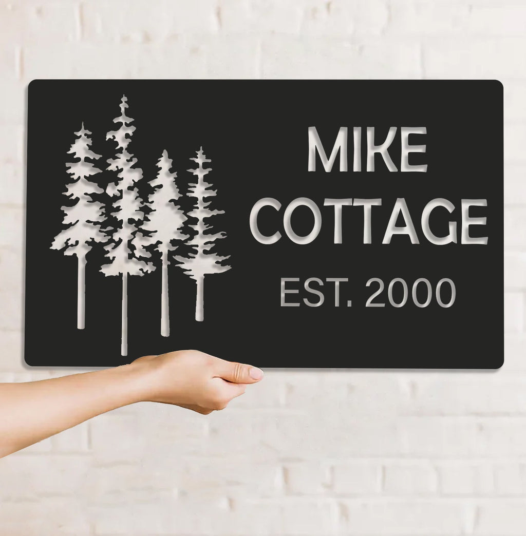 Personalized Forest Metal Sign WITH LED/WITHOUT LED - Rustic Cabin Name Sign with Pine Trees