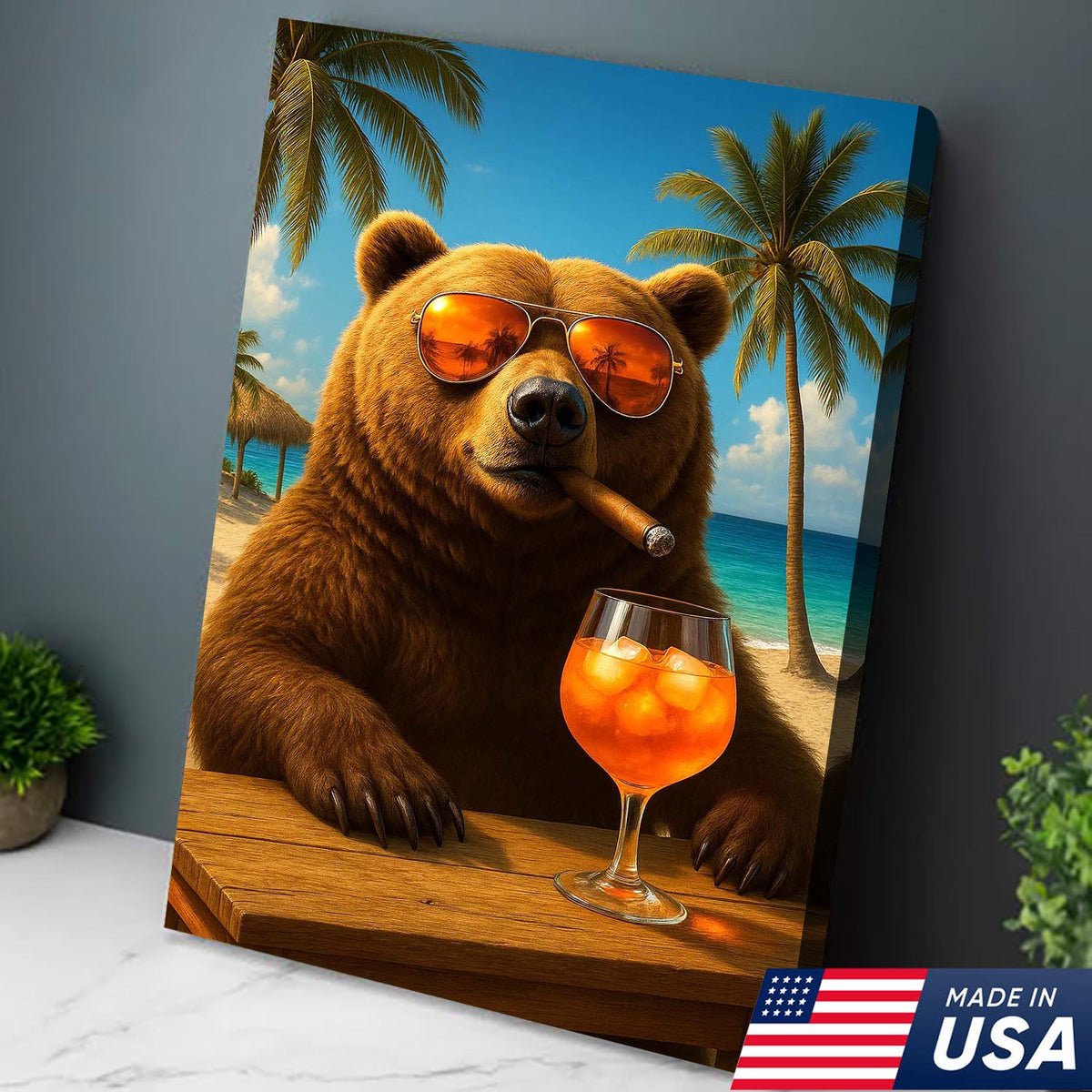 Beach Bear Wall Art Canvas, Cool Sunglasses Bear Tropical Vacation Decor
