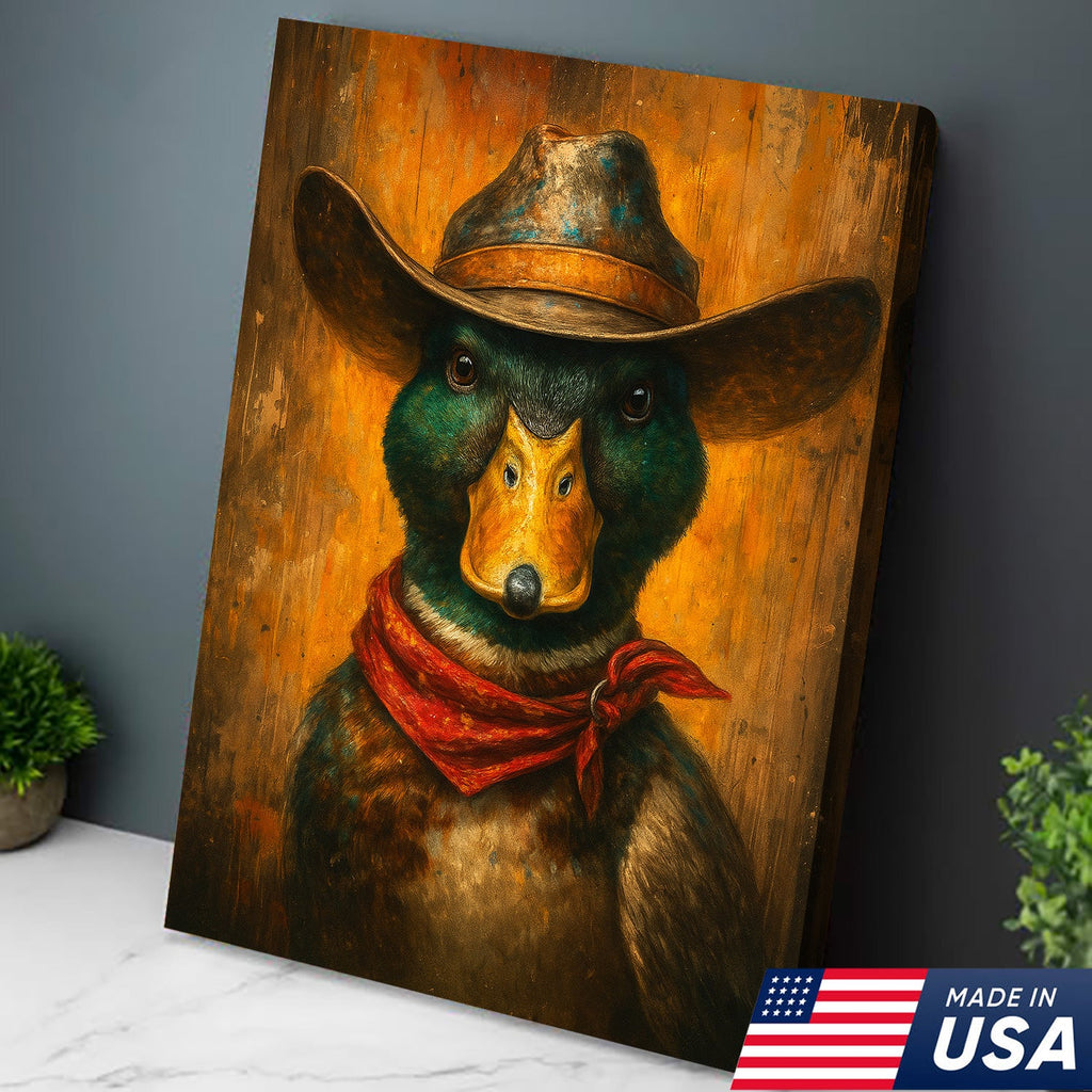 Cowboy Duck Portrait Canvas – Rustic Western Wall Art for Man Cave & Lodge Decor