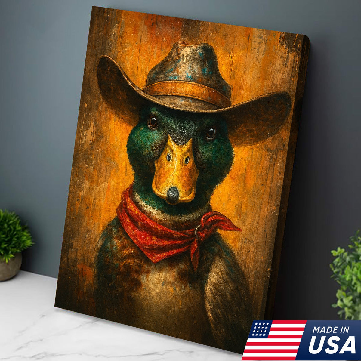 Cowboy Duck Portrait Canvas – Rustic Western Wall Art for Man Cave & Lodge Decor