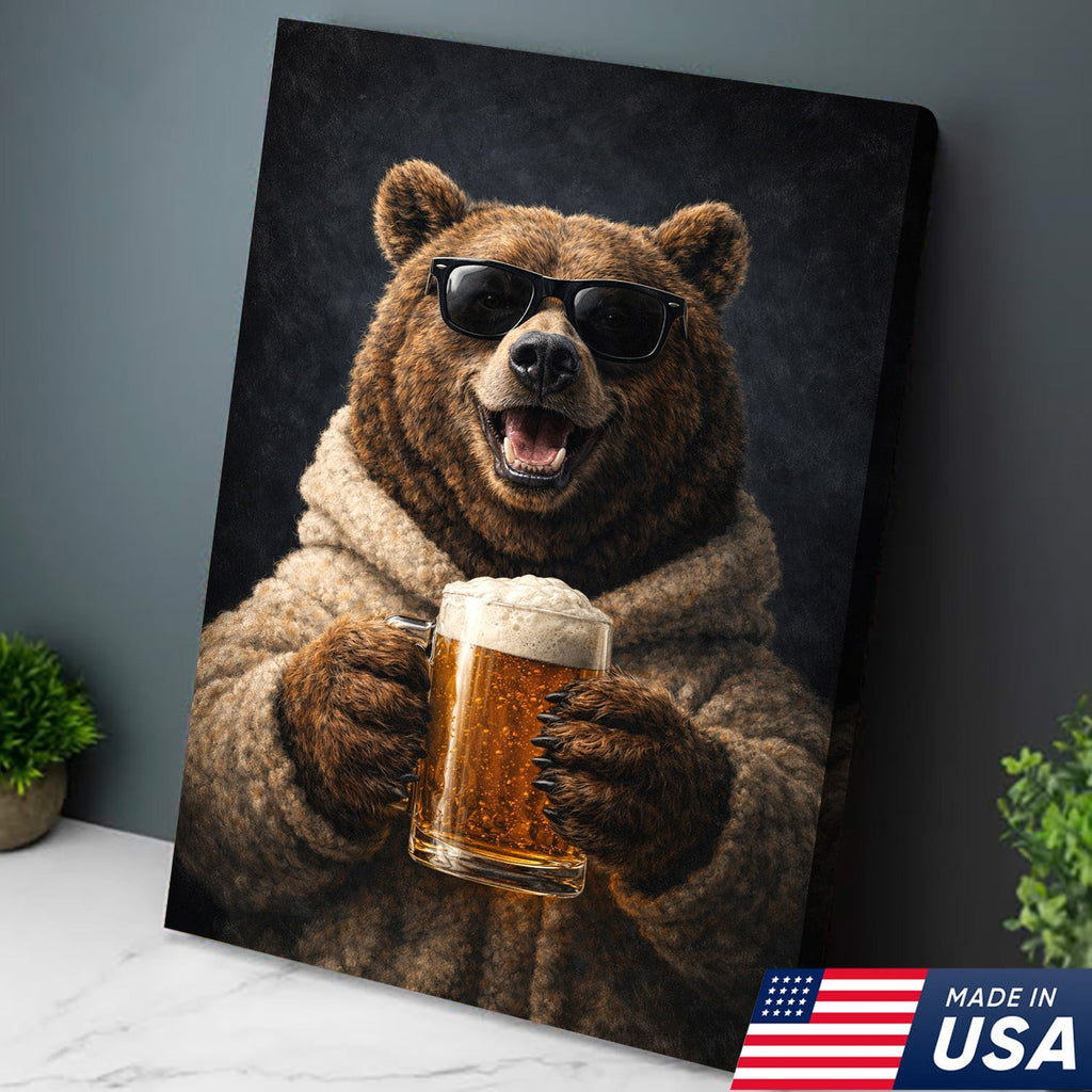 Funny Beer Bear Canvas Print Gift for Him Dad Husband Man Cave Decor