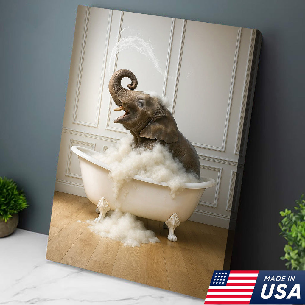 Elephant Bubble Bath Bathroom Wall Art Canvas, Funny Animal in Bathtub Bathroom Decor