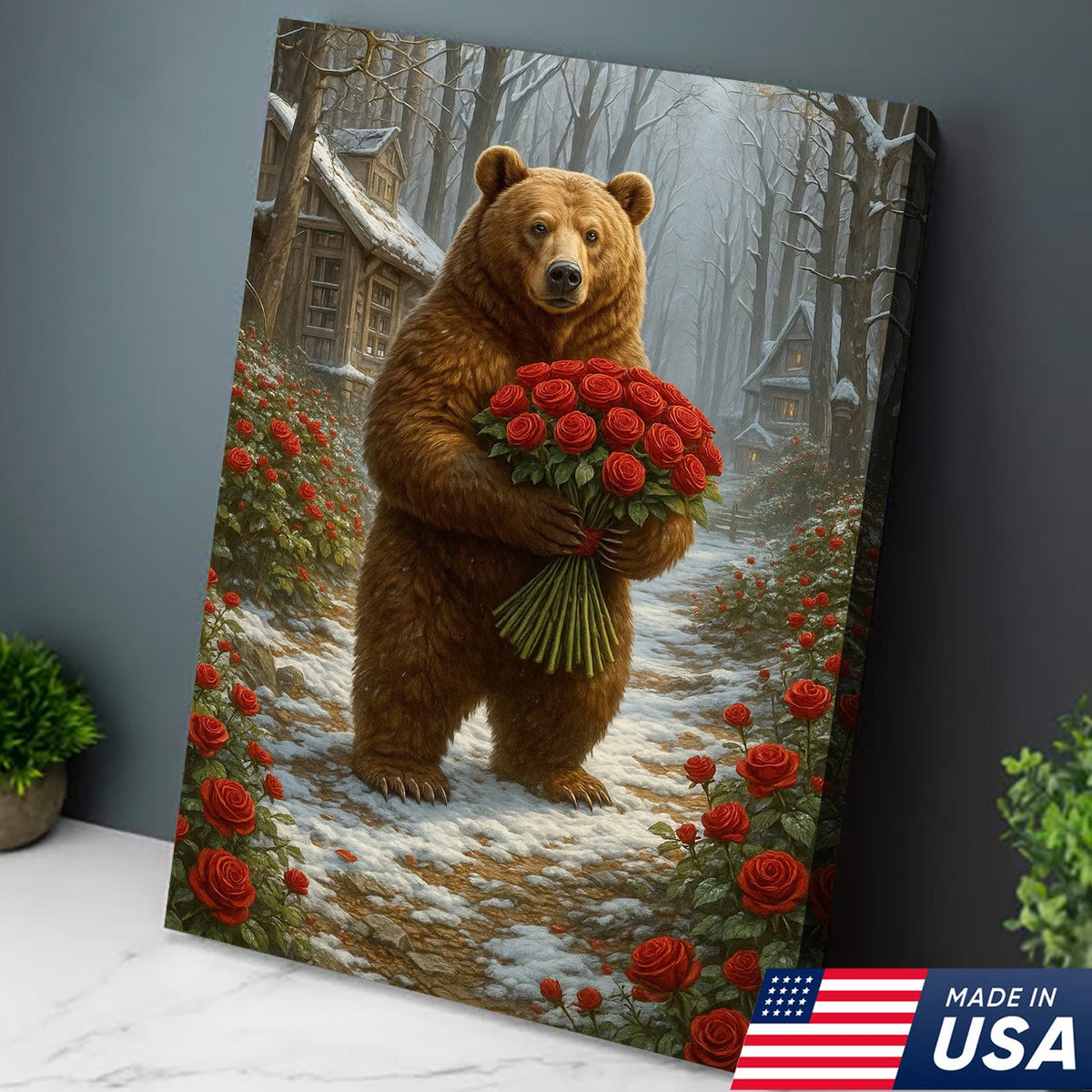 Bear with Red Roses Canvas Wall Art, Romantic Woodland Bear Bouquet, Cabin Decor