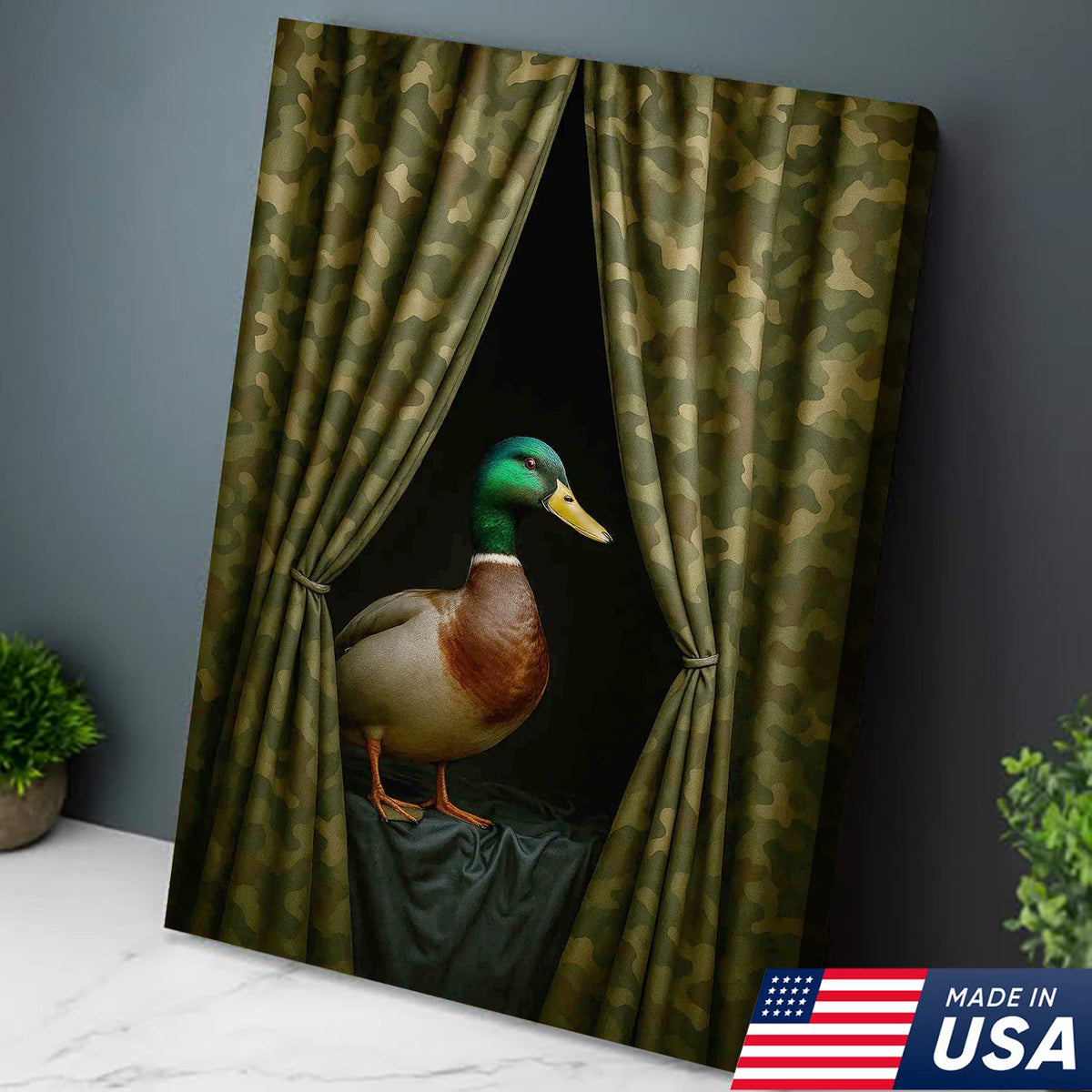 Duck Behind Camo Curtain Canvas Wall Art, Funny Hunting Lodge Decor, Rustic Wildlife Artwork
