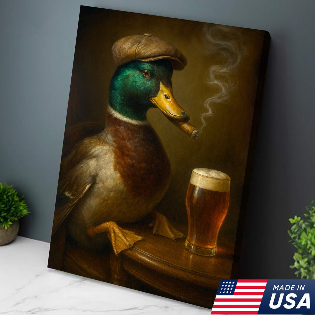 Mallard Duck Gentle Beer Smoking Canvas – Funny Rustic Wall Art for Hunters, Cabin, Bar & Man Cave