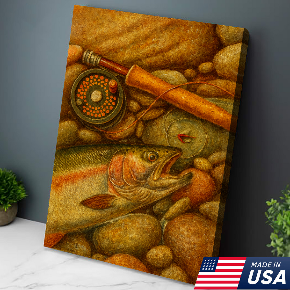 ly Fishing Canvas Wall Art – Retro Trout Painting with Rod & Reel Rustic Cabin Lodge Decor