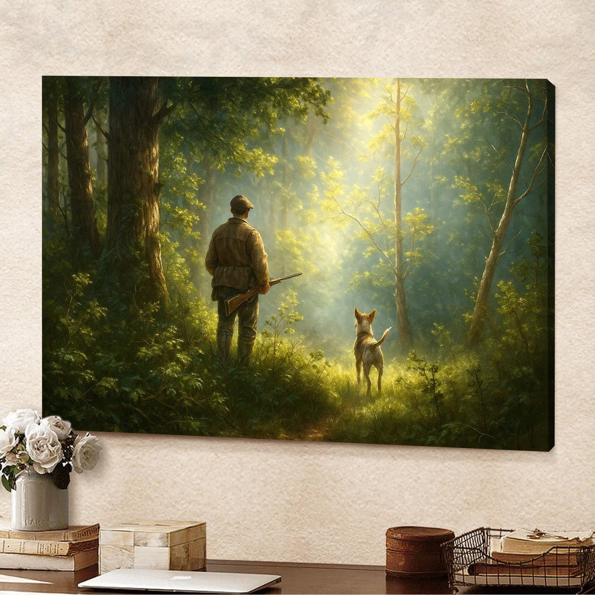 Hunting Canvas Wall Art – Hunter and Dog in Sunlit Forest – Rustic Cabin Decor