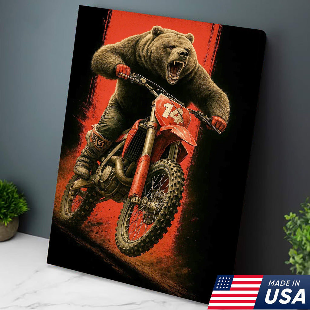 Motocross Bear Wall Art Canvas, Fierce Dirt Bike Racing Bear Print