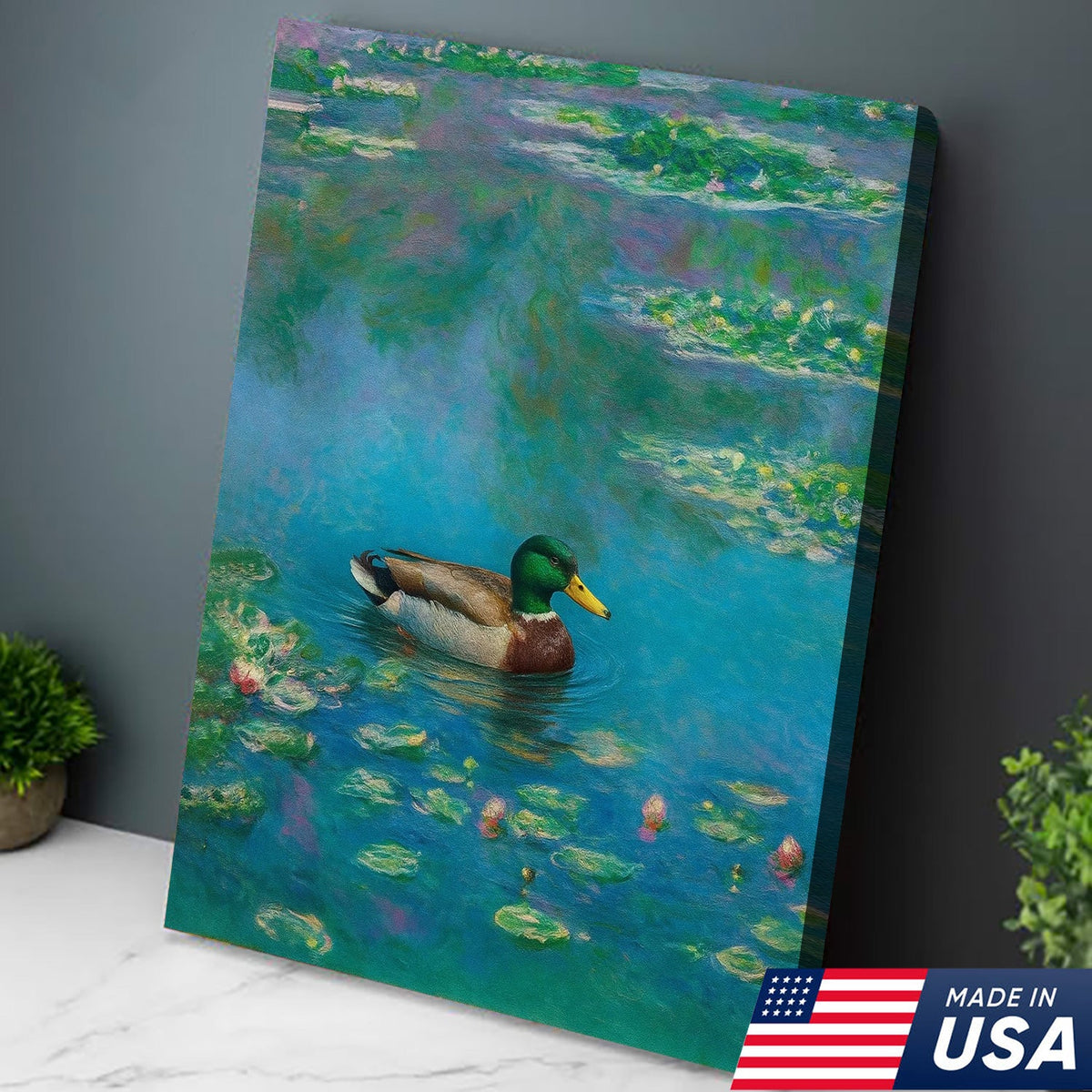 Serene Duck Pond Canvas Wall Art – Tranquil Mallard Painting – Rustic Cabin and Lodge Decor