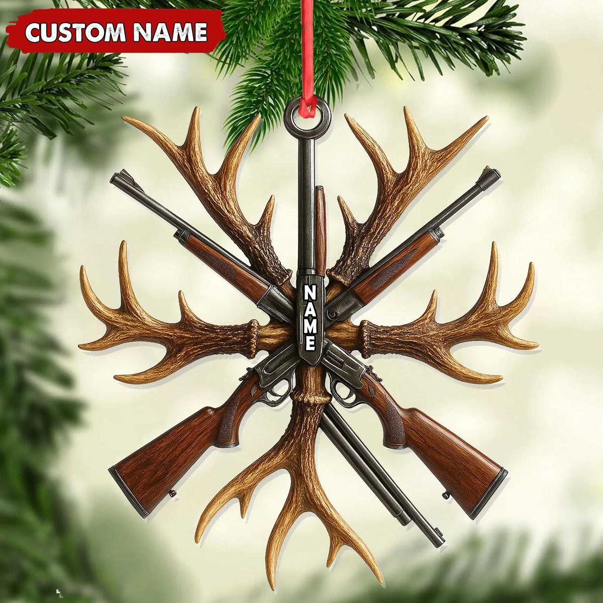 Custom Name Hunting Ornament, Antlers and Rifles Christmas Decor for Hunters