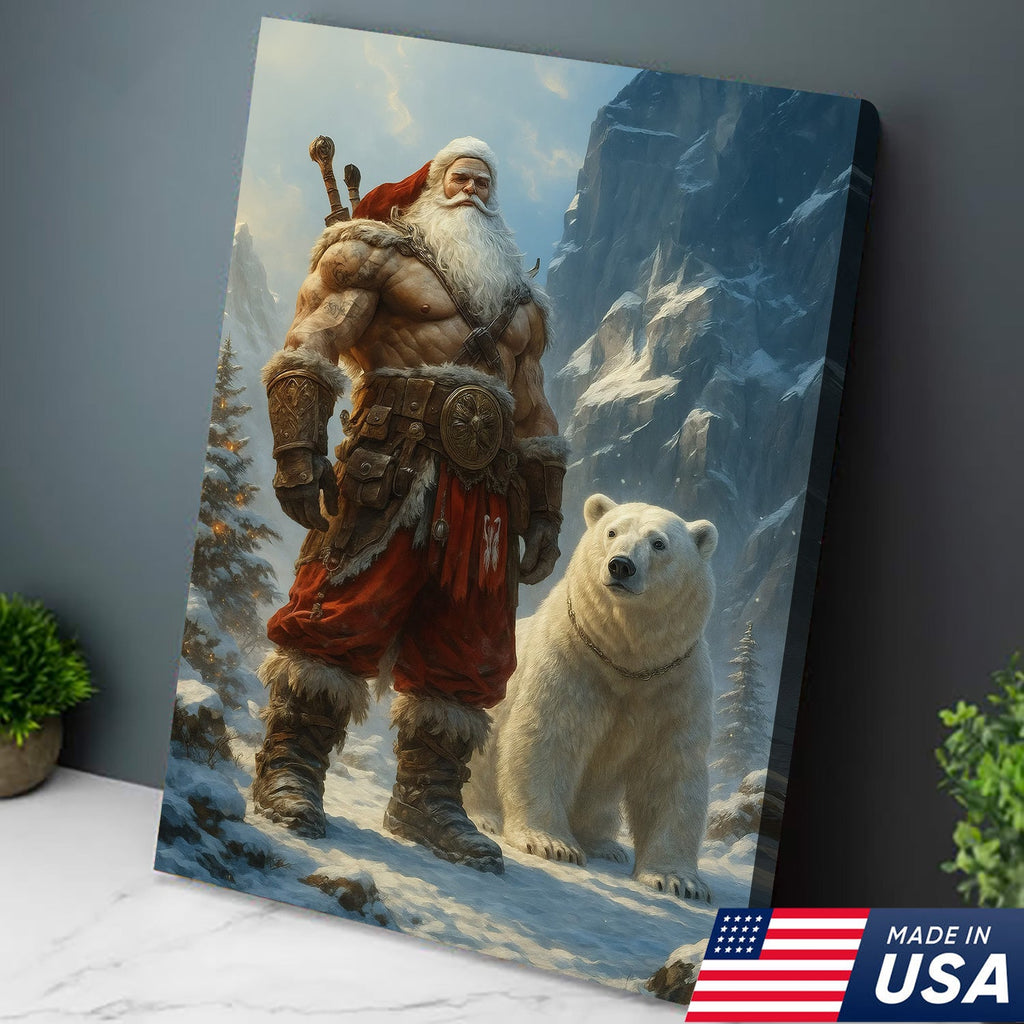 Viking Santa with Polar Bear Canvas Wall Art, Epic Christmas Warrior Decor