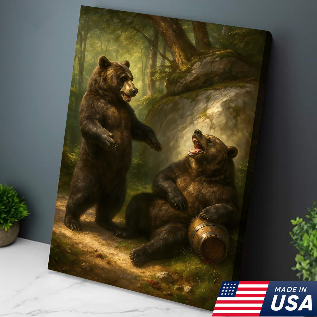 Funny Drunk Bears Canvas – Rustic Cabin Wall Art Gift for Hunters, Beer Lovers & Man Caves