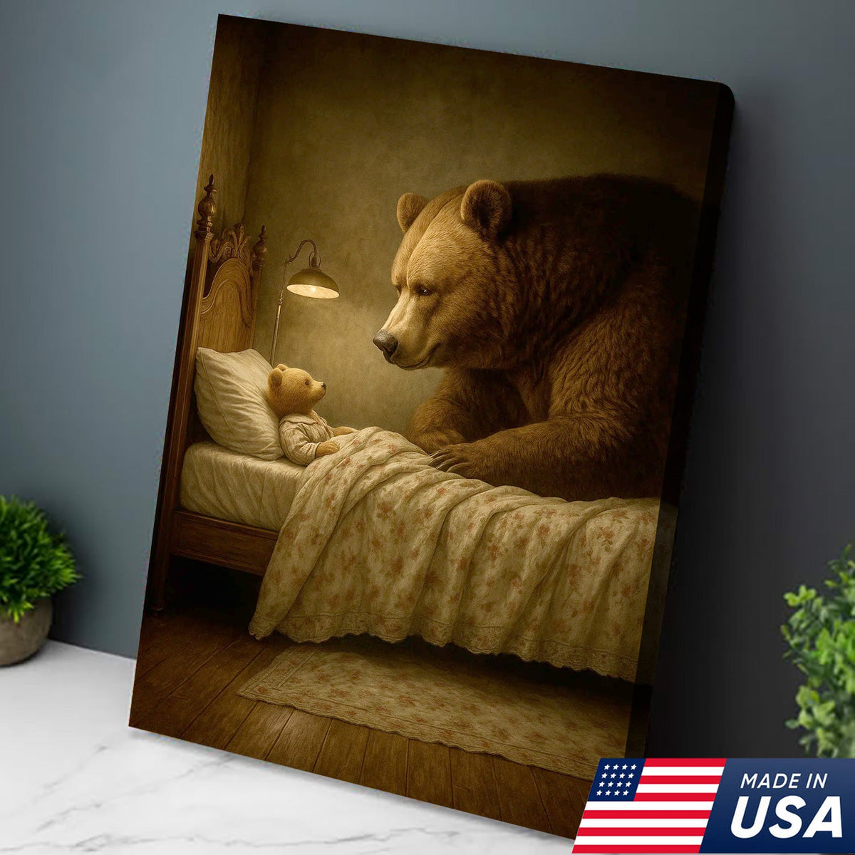 Mother Bear and Cub Canvas Wall Art, Whimsical Bedtime Wildlife Artwork