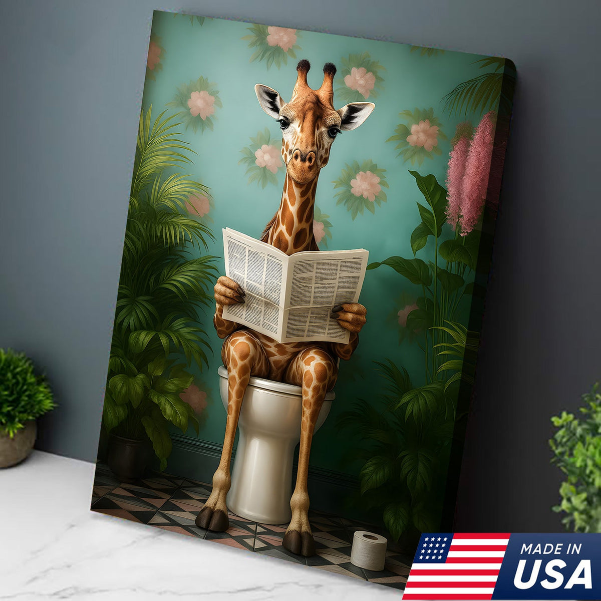 Funny Giraffe Bathroom Canvas Wall Art, Whimsical Animal Reading Newspaper Print