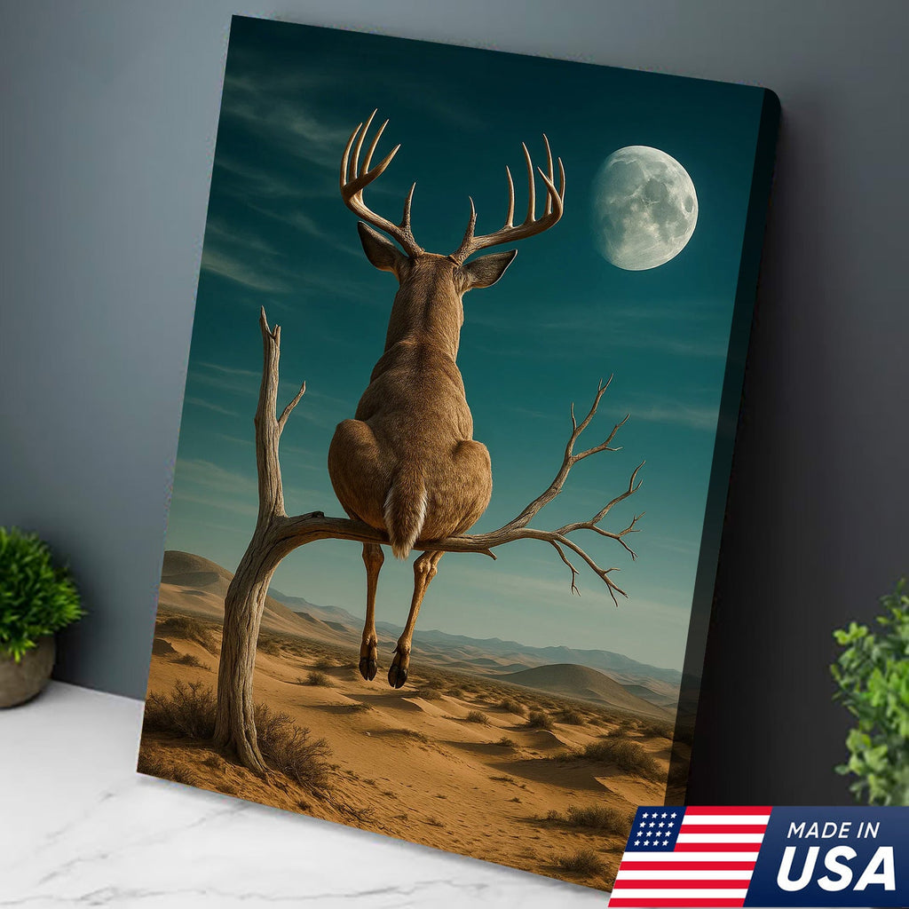 Funny Deer Moon Canvas, Whitetail Buck Sitting on Tree Wall Art, Humorous Hunter Gift