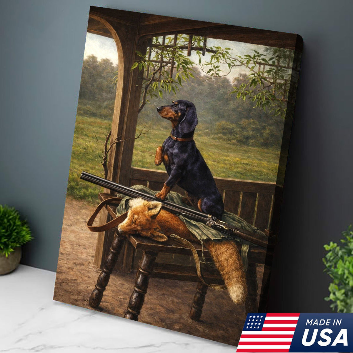 Hunting Dog and Fox Wall Art, Vintage Dachshund Hunter Canvas