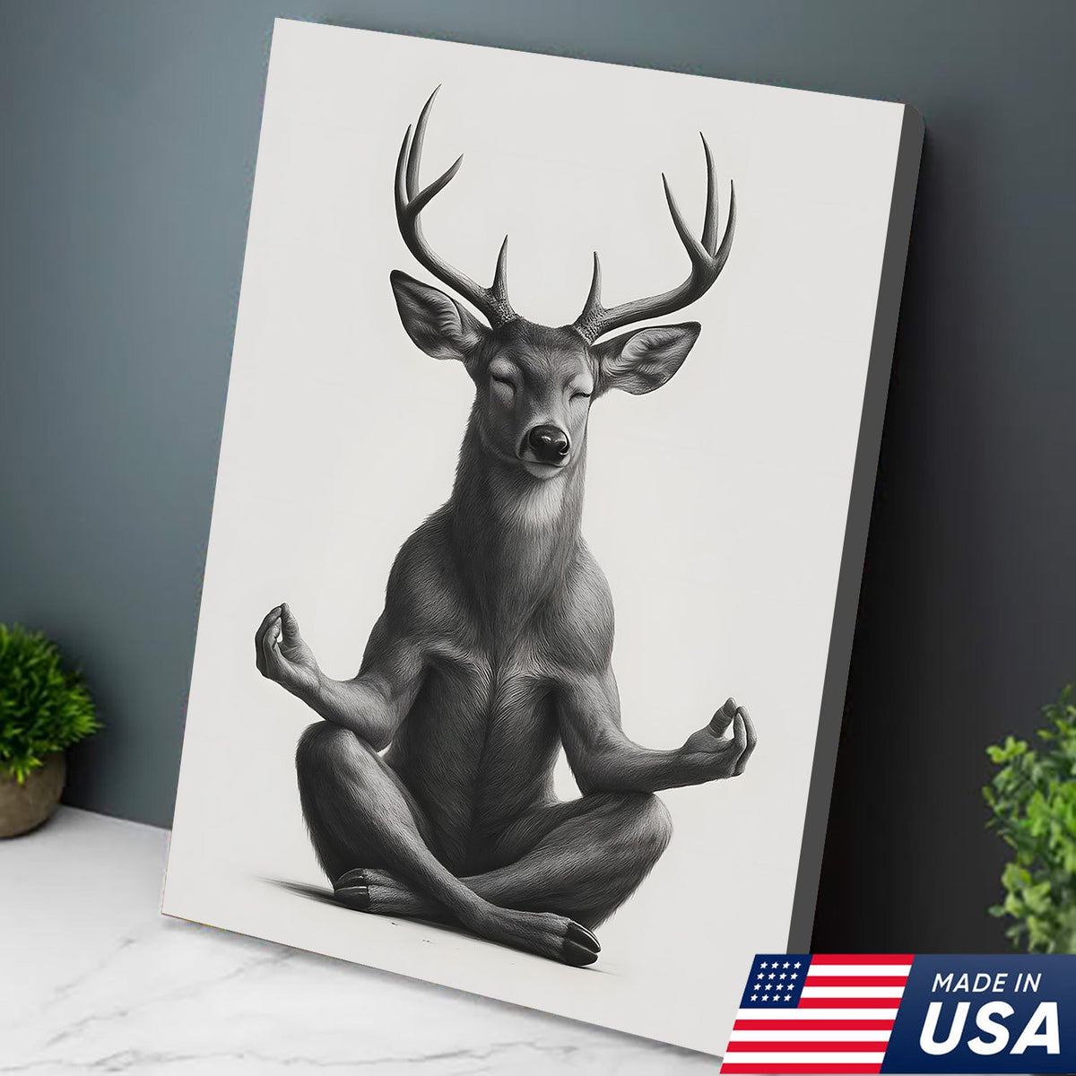 Yoga Deer Canvas Wall Art, Meditating Buck Minimalist Black and White Print, Peaceful Wildlife Zen Decor