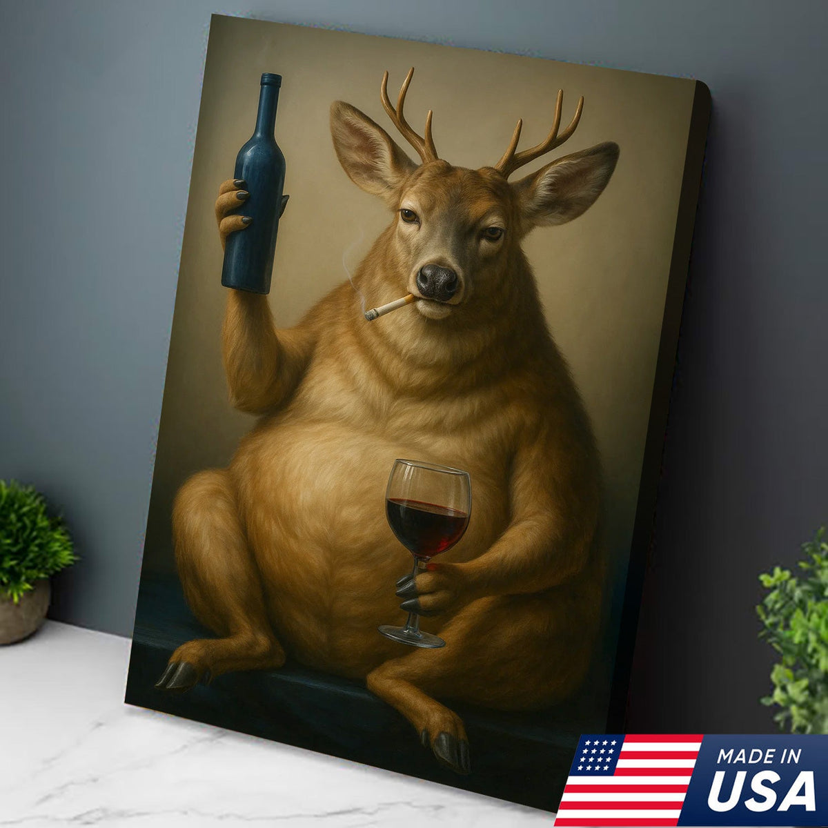 Funny Deer Wall Art Canvas – Fat Buck with Wine Glass Rustic Lodge Decor