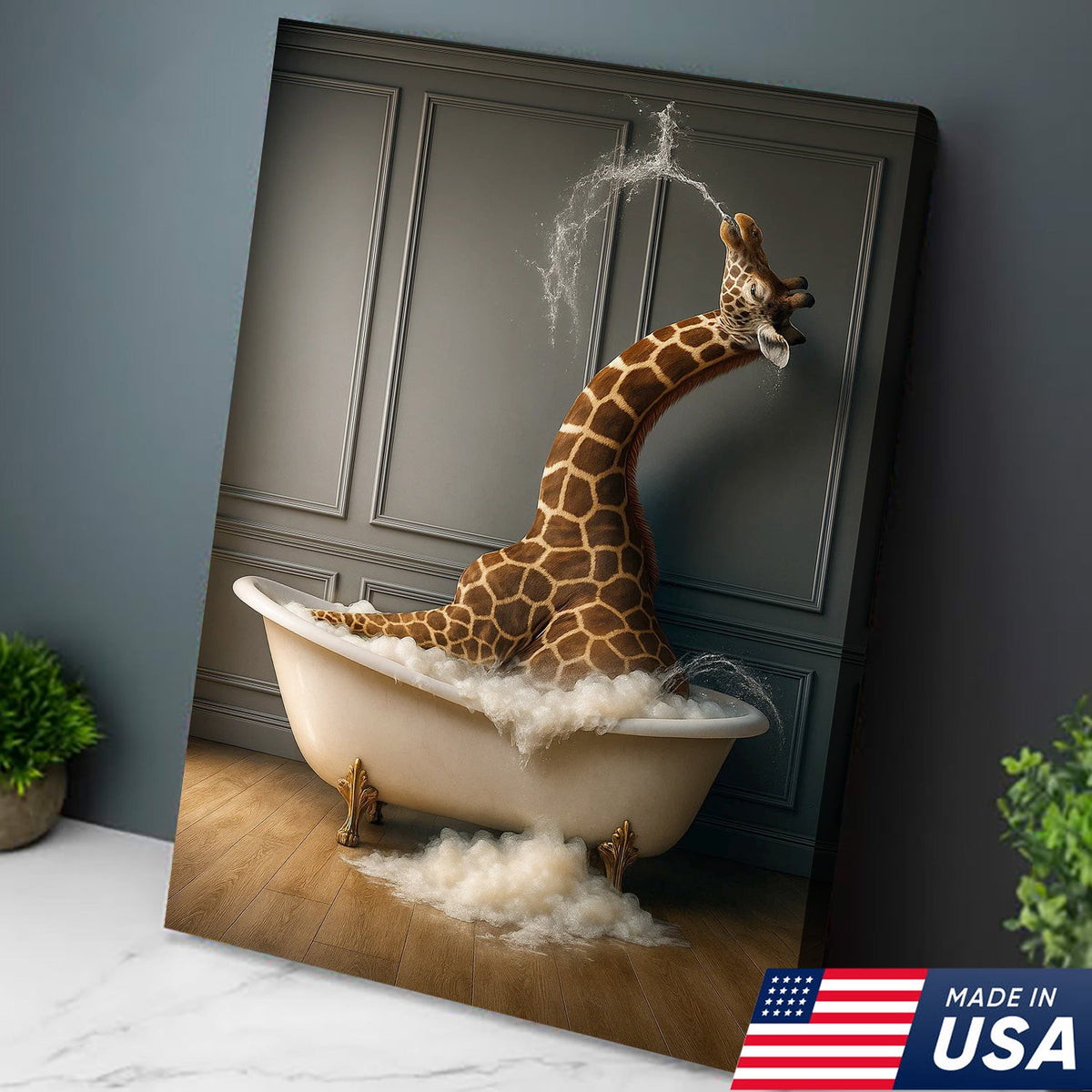 Funny Giraffe Bubble Bath Wall Art Canvas, Animals in Bathtub Kids Bathroom Decor