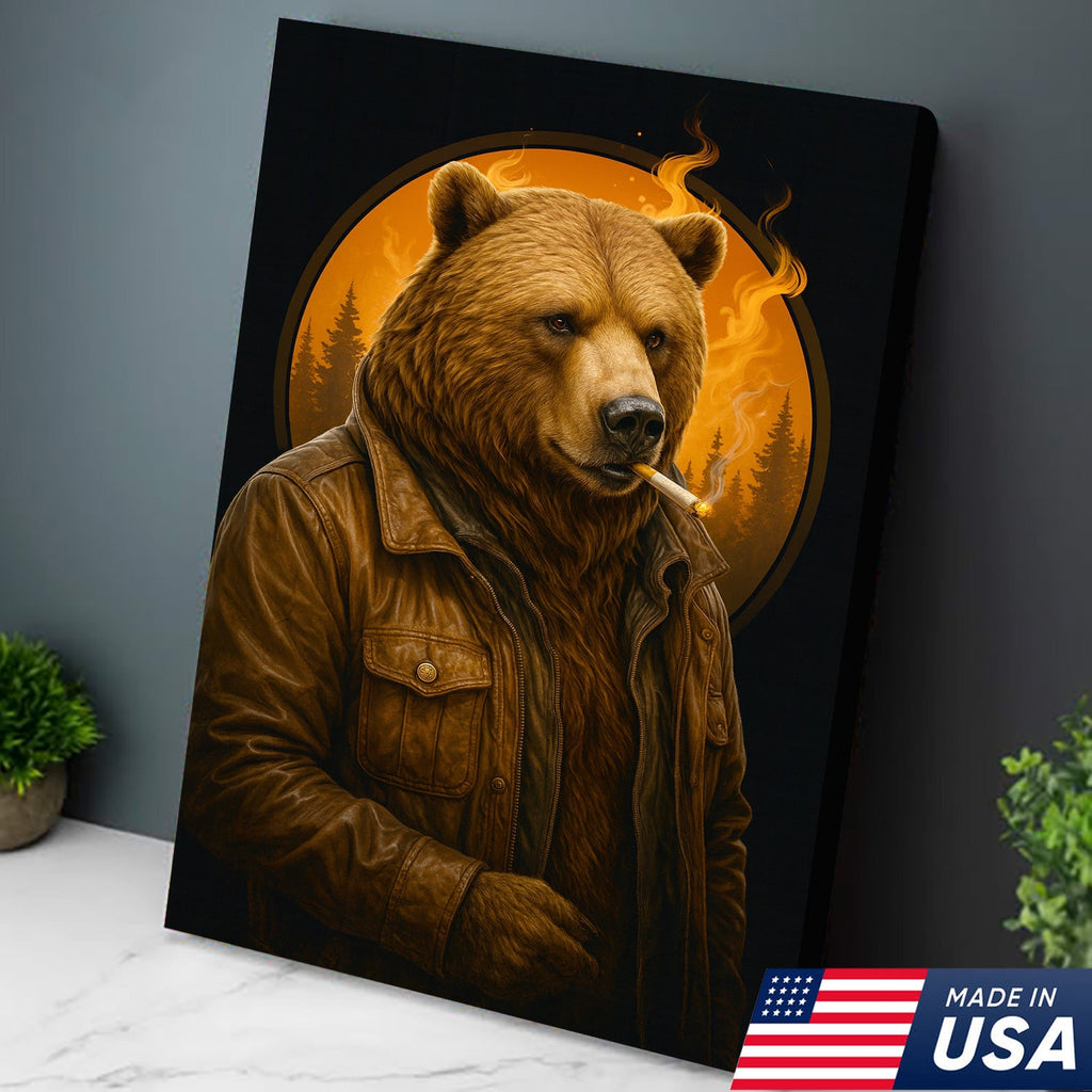 Smoking Bear Wall Art Canvas – Badass Leather Jacket Print product image 2