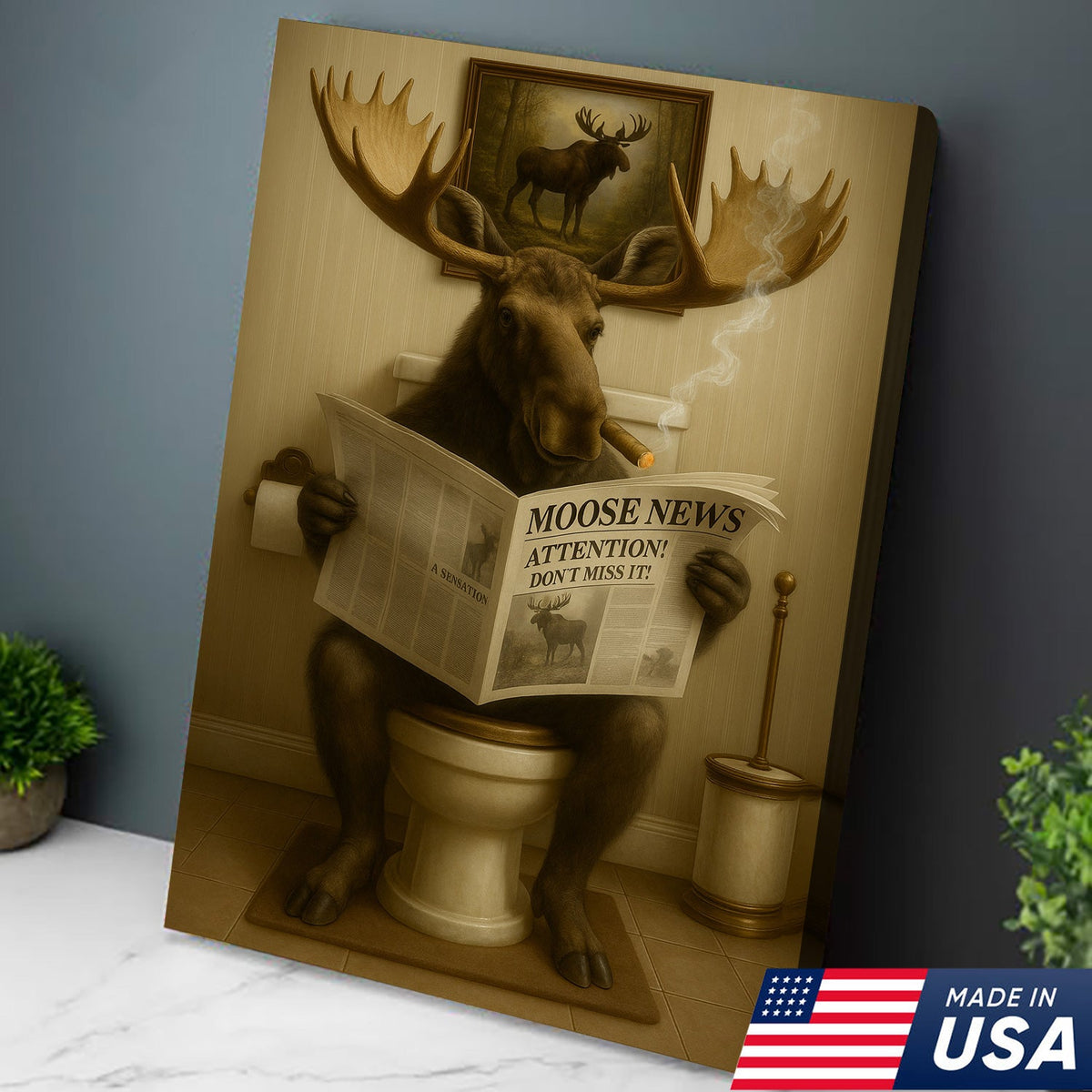 Moose Toilet Humor Canvas – Hilarious Bathroom Wall Art for Rustic Cabin, Hunters