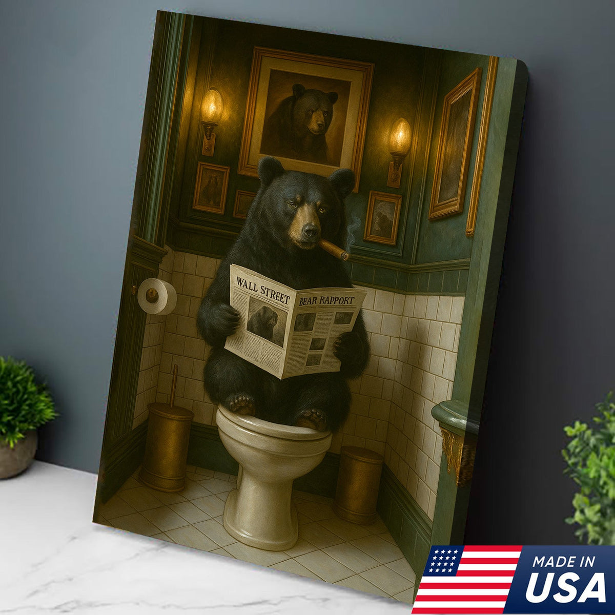 Funny Bear Bathroom Canvas – Toilet Humor Animal Wall Art Gift for Hunters