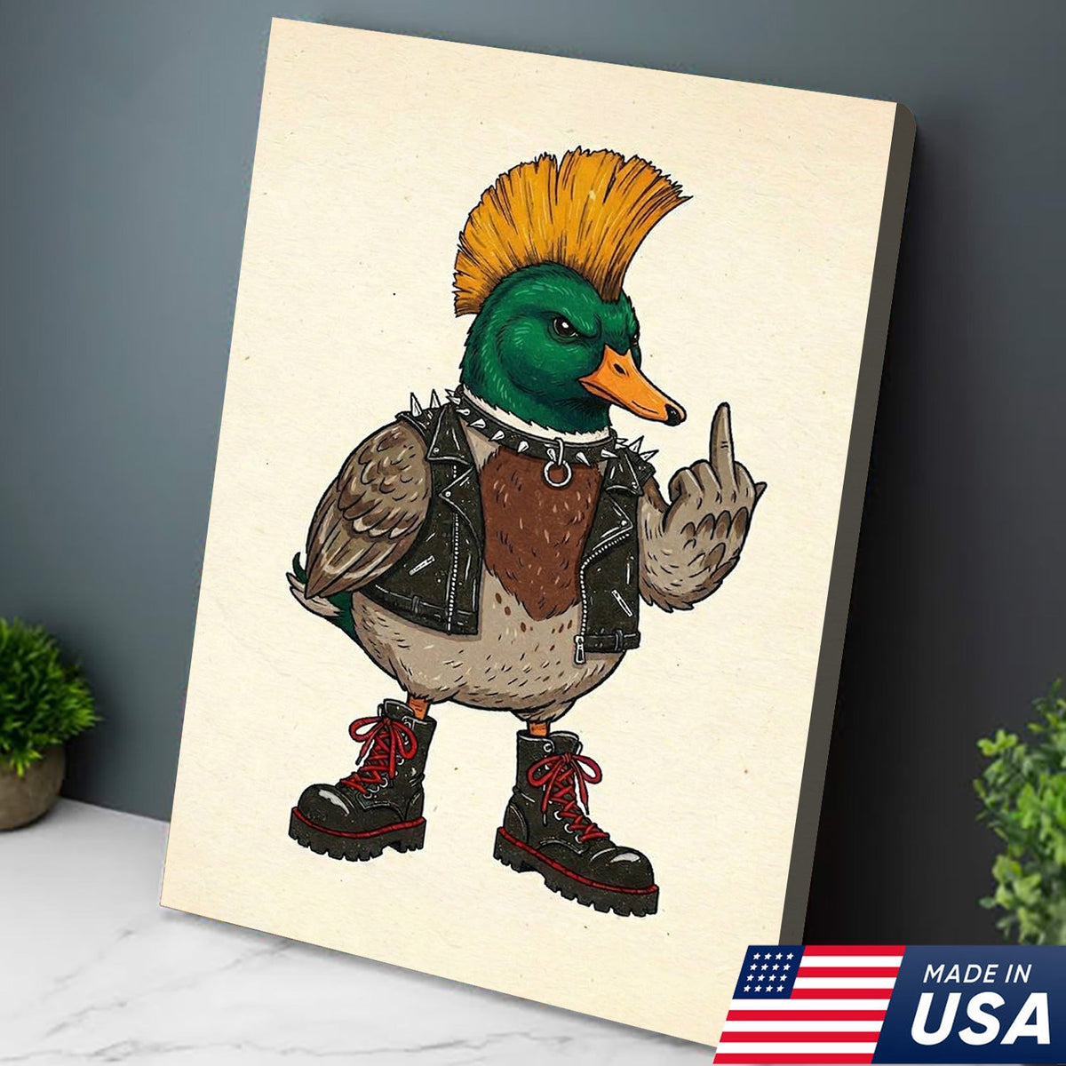 Funny Punk Duck Wall Art, Rebel Duck Canvas, Fukin' Finger Duck Art